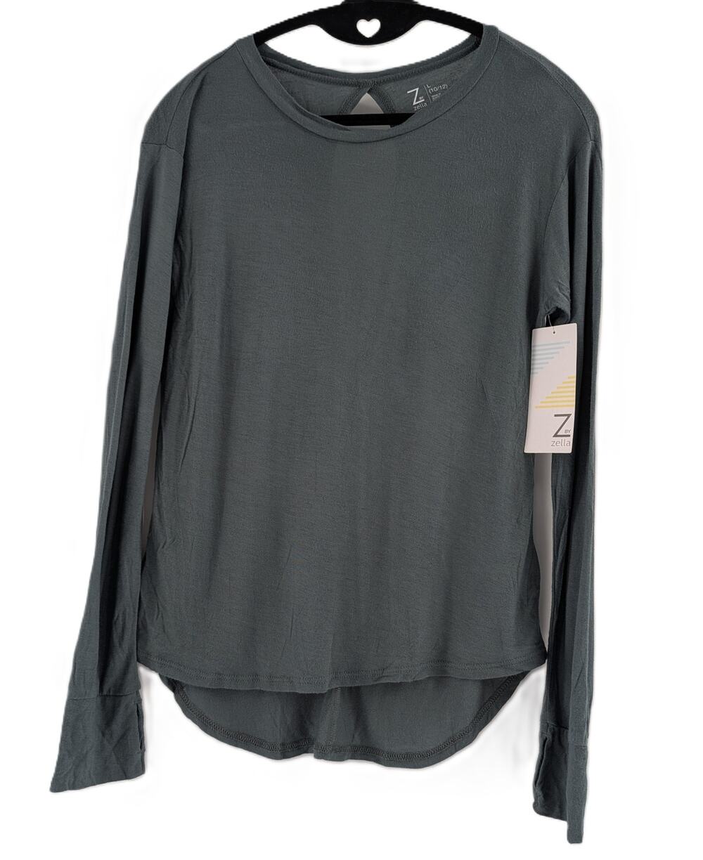 Zella Long Sleeved Tunic Top Grey Green Thumbholes Keyhole Back Girls L 10/12